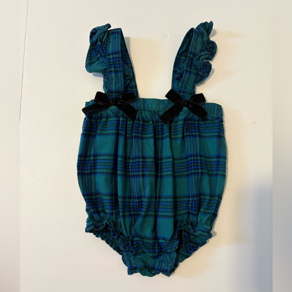 Cat & Jack Blue and Green Plaid Baby Romper Black Bow 18Months